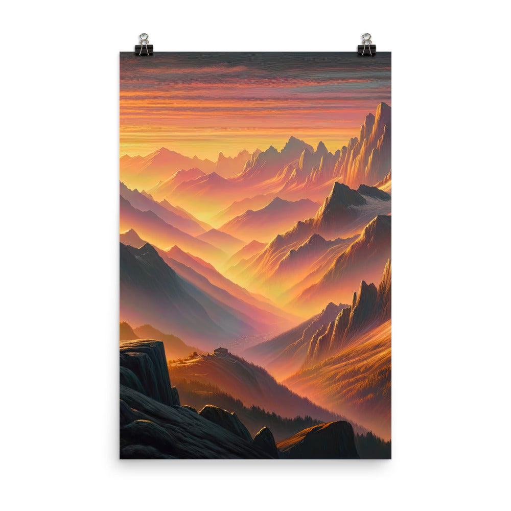 Ölgemälde der Alpen in der goldenen Stunde mit Wanderer, Orange-Rosa Bergpanorama - Premium Poster (glänzend) wandern xxx yyy zzz 61 x 91.4 cm