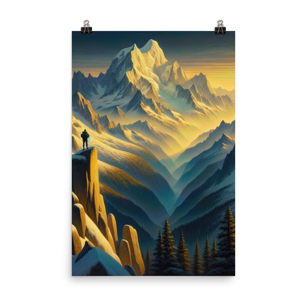 Ölgemälde eines Wanderers bei Morgendämmerung auf Alpengipfeln mit goldenem Sonnenlicht - Premium Poster (glänzend) wandern xxx yyy zzz 61 x 91.4 cm