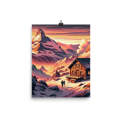 Berghütte im goldenen Sonnenuntergang: Digitale Alpenillustration - Premium Poster (glänzend) berge xxx yyy zzz 20.3 x 25.4 cm