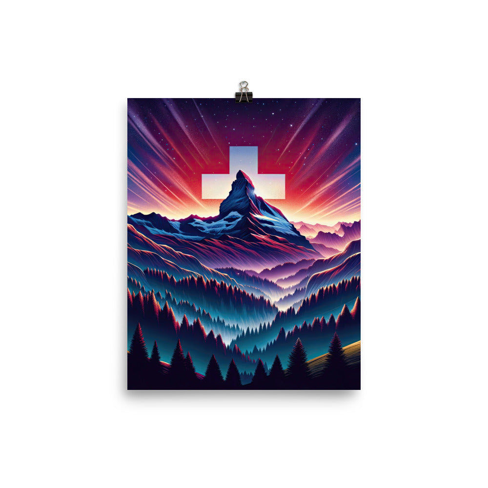 Alpenszene in Dämmerung mit Schweizer Flagge - Premium Poster (glänzend) berge xxx yyy zzz 20.3 x 25.4 cm