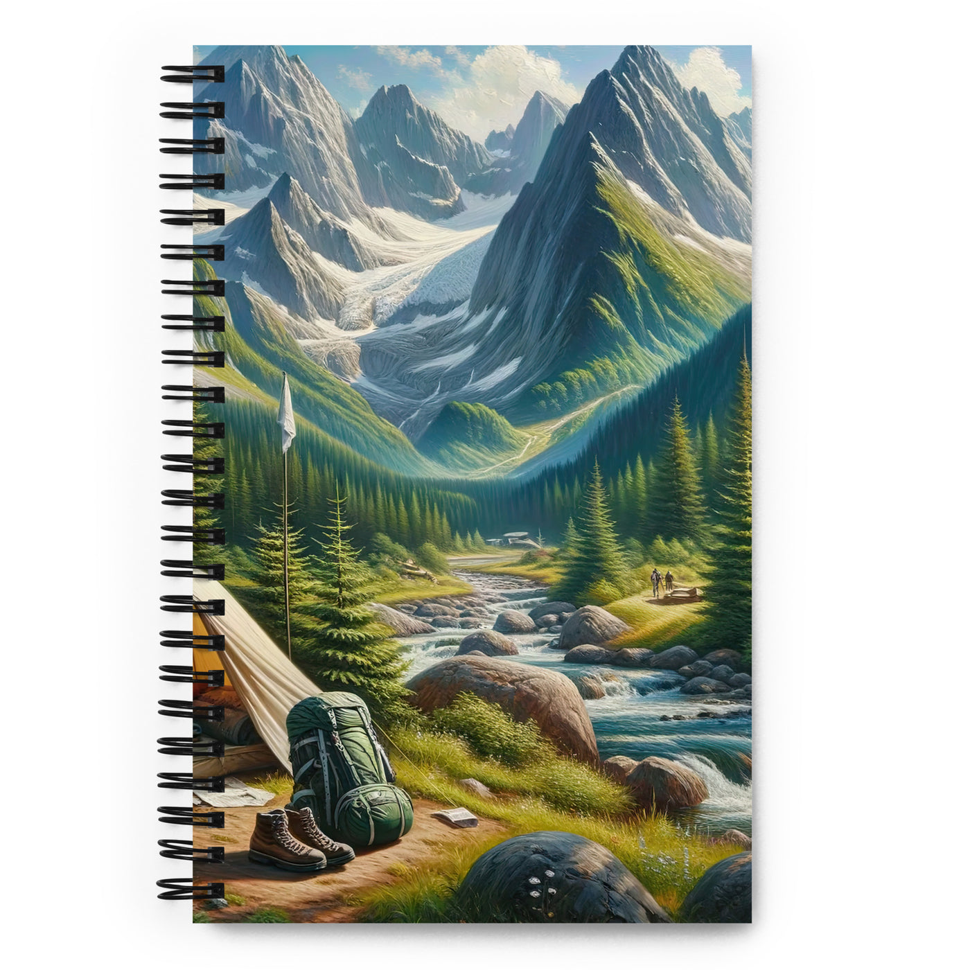 Ölgemälde der Alpensommerlandschaft mit Zelt, Gipfeln, Wäldern und Bächen - Notizbuch camping xxx yyy zzz Default Title