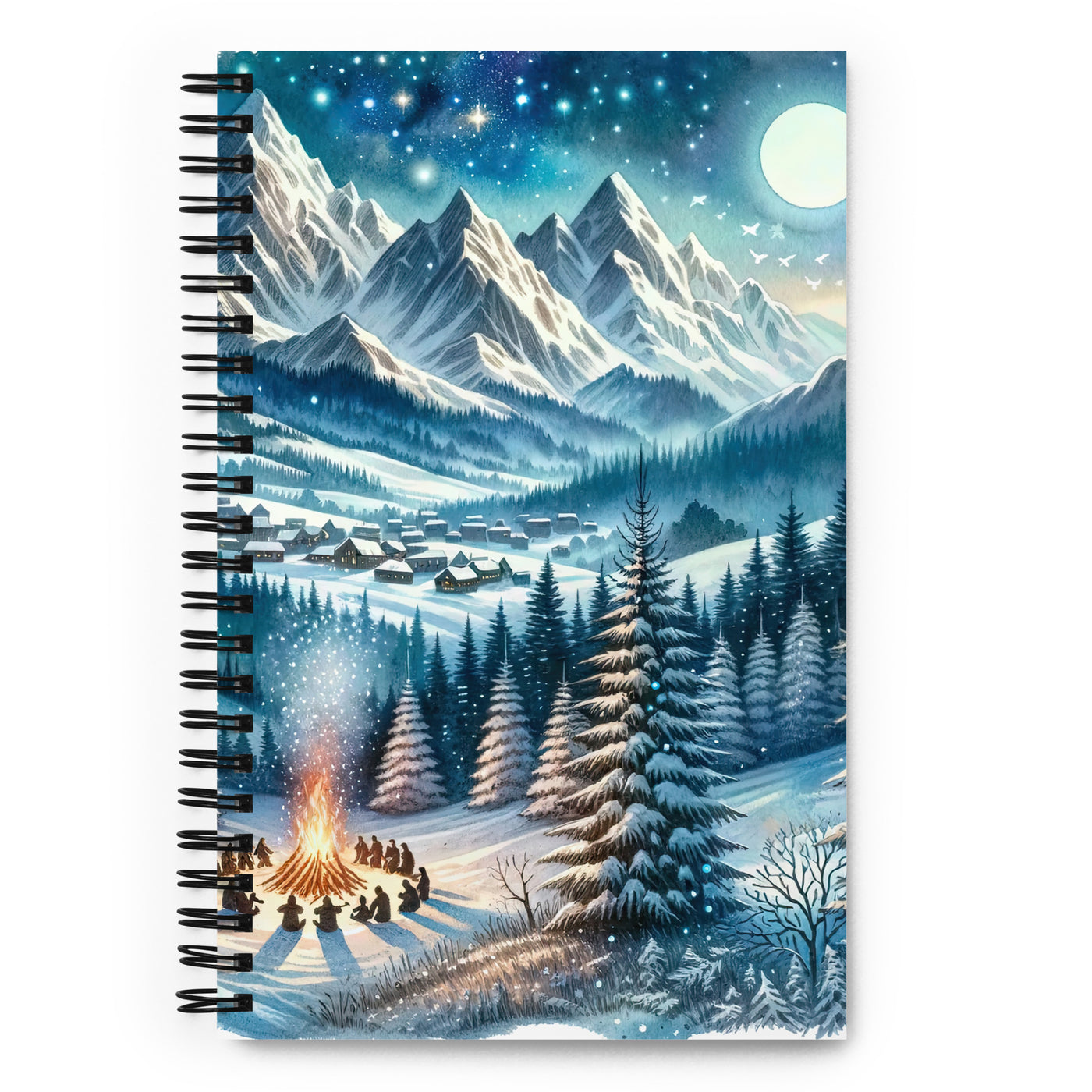 Aquarell eines Winterabends in den Alpen mit Lagerfeuer und Wanderern, glitzernder Neuschnee - Notizbuch camping xxx yyy zzz Default Title