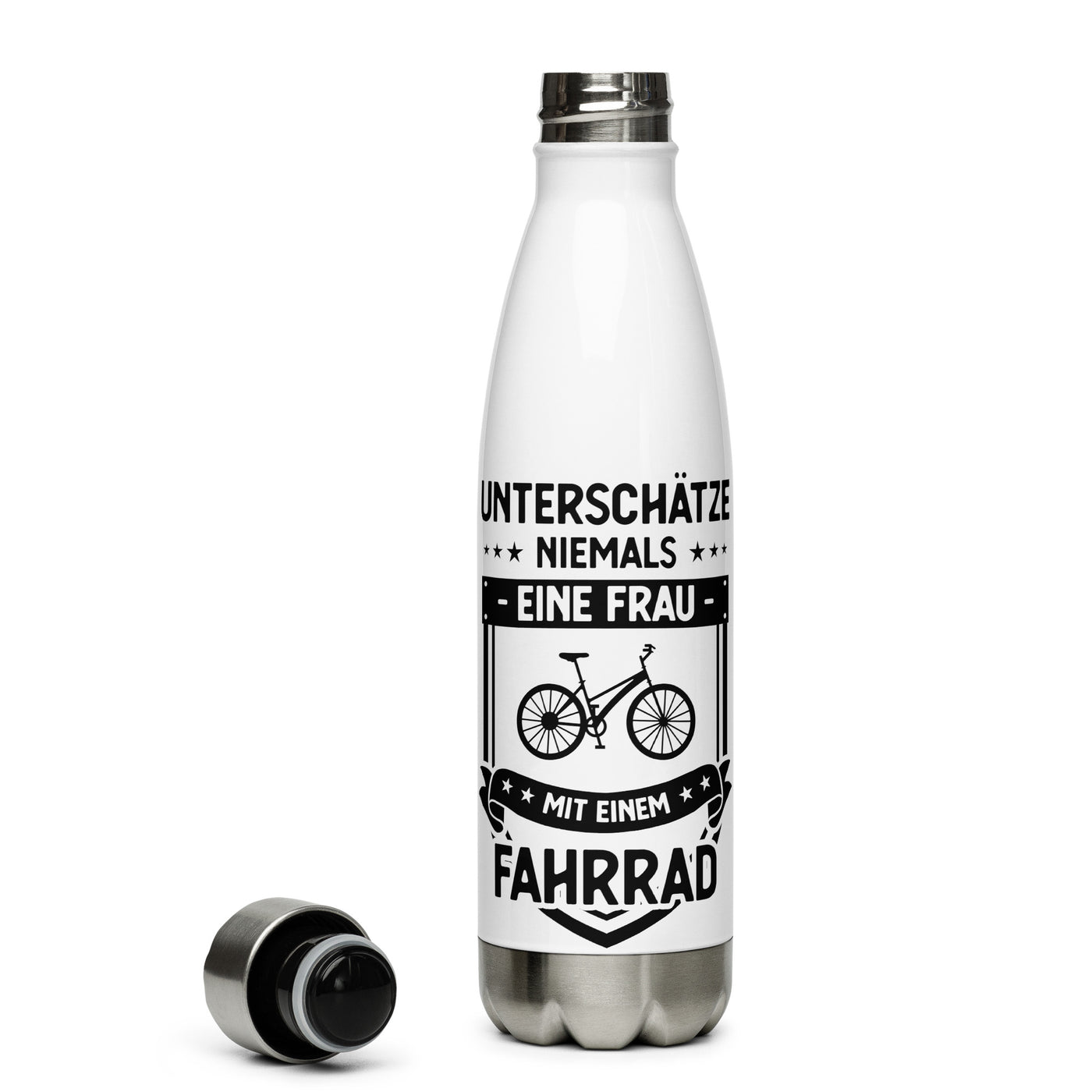 Unterschatze Niemals Eine Frau Mit Einem Fahrrad - Edelstahl Trinkflasche fahrrad Default Title