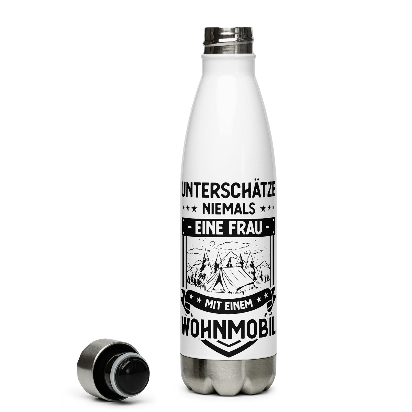 Unterschatze Niemals Eine Frau Mit Einem Wohnmobil - Edelstahl Trinkflasche camping Default Title