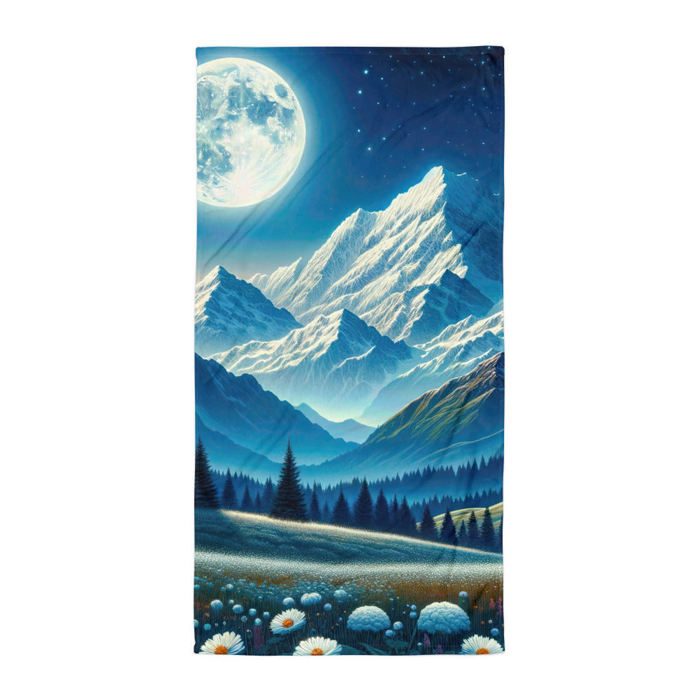 Klare frühlingshafte Alpennacht mit Blumen und Vollmond über Schneegipfeln - Handtuch berge xxx yyy zzz Default Title