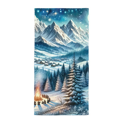 Aquarell eines Winterabends in den Alpen mit Lagerfeuer und Wanderern, glitzernder Neuschnee - Handtuch camping xxx yyy zzz Default Title