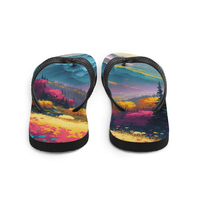 Berge, pinke und gelbe Bäume, sowie Blumen - Farbige Malerei - Flip Flops berge xxx