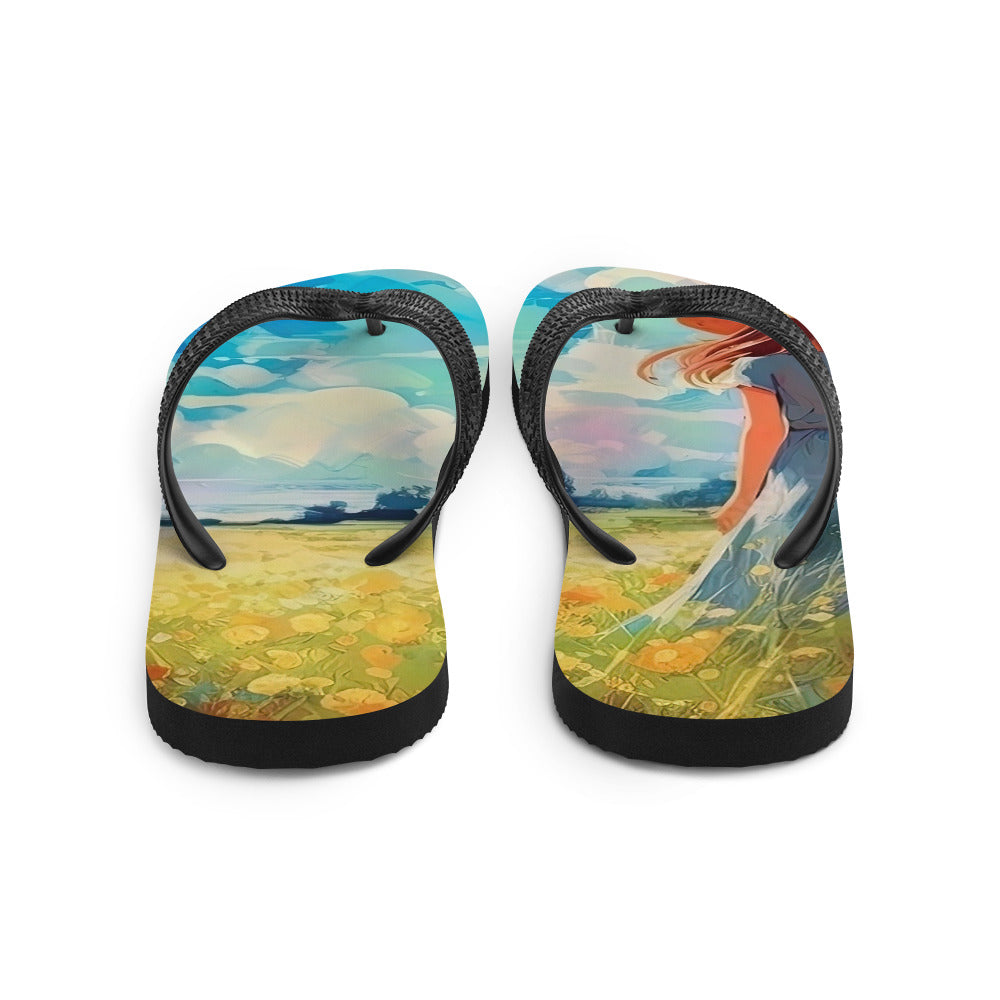 Dame mit Hut im Feld mit Blumen - Landschaftsmalerei - Flip Flops camping xxx