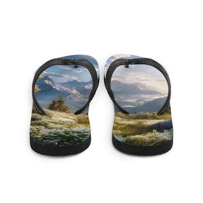 Berglandschaft mit Sonnenschein, Blumen und Bäumen - Malerei - Flip Flops berge xxx