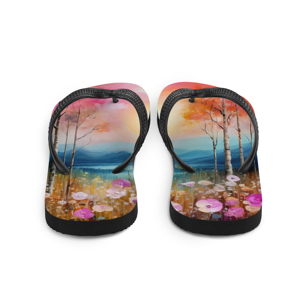 Berge, See, pinke Bäume und Blumen - Malerei - Flip Flops berge xxx