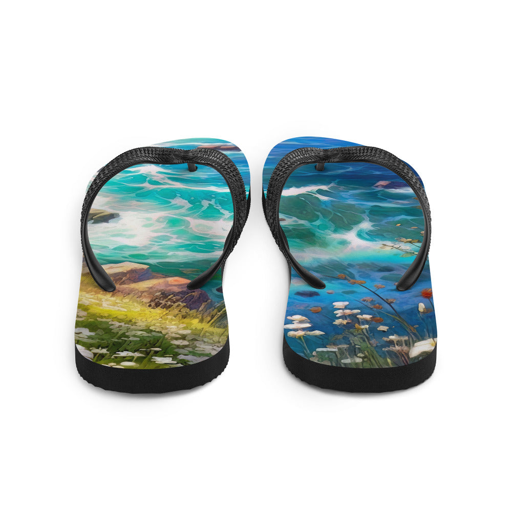 Berge, Blumen, Fluss und Steine - Malerei - Flip Flops camping xxx