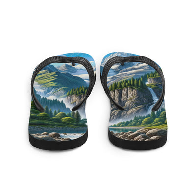 Illustration einer unberührten Alpenkulisse im Hochsommer. Wasserfall und See - Flip Flops berge xxx yyy zzz