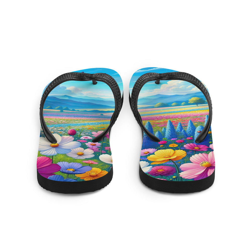 Weitläufiges Blumenfeld unter himmelblauem Himmel, leuchtende Flora - Flip Flops camping xxx yyy zzz