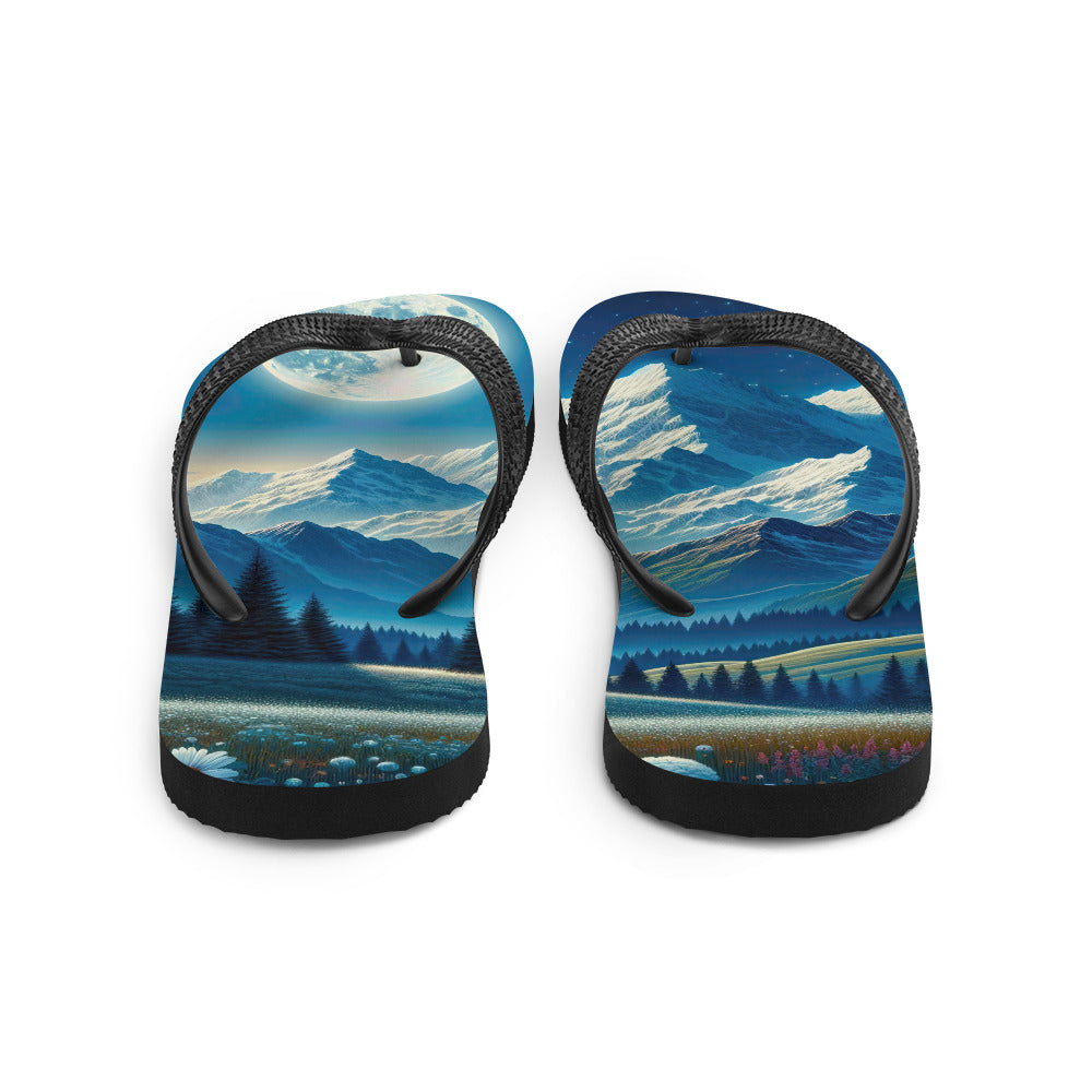 Klare frühlingshafte Alpennacht mit Blumen und Vollmond über Schneegipfeln - Flip Flops berge xxx yyy zzz