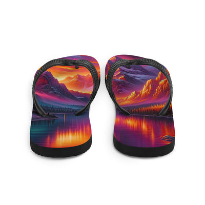 Ölgemälde eines Bootes auf einem Bergsee bei Sonnenuntergang, lebendige Orange-Lila Töne - Flip Flops berge xxx yyy zzz