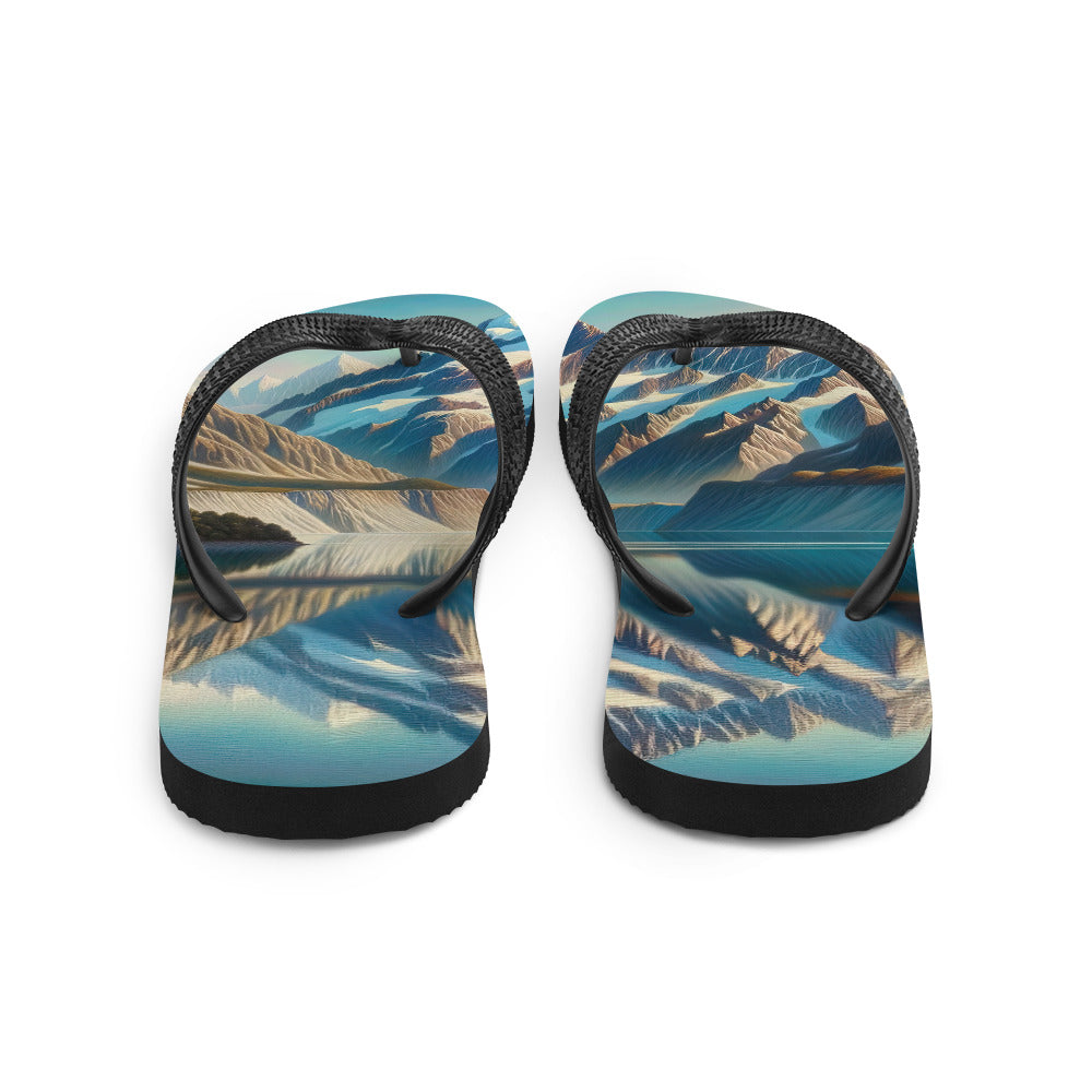 Ölgemälde eines unberührten Sees, der die Bergkette spiegelt - Flip Flops berge xxx yyy zzz