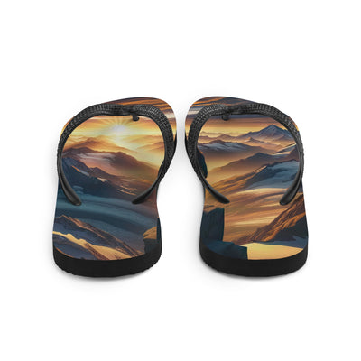 Fotorealistische Darstellung der Alpen bei Sonnenaufgang, Wanderin unter einem gold-purpurnen Himmel - Flip Flops wandern xxx yyy zzz