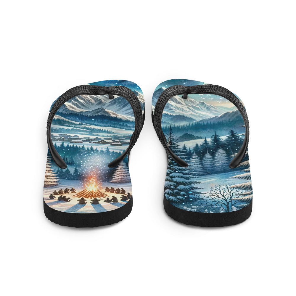 Aquarell eines Winterabends in den Alpen mit Lagerfeuer und Wanderern, glitzernder Neuschnee - Flip Flops camping xxx yyy zzz