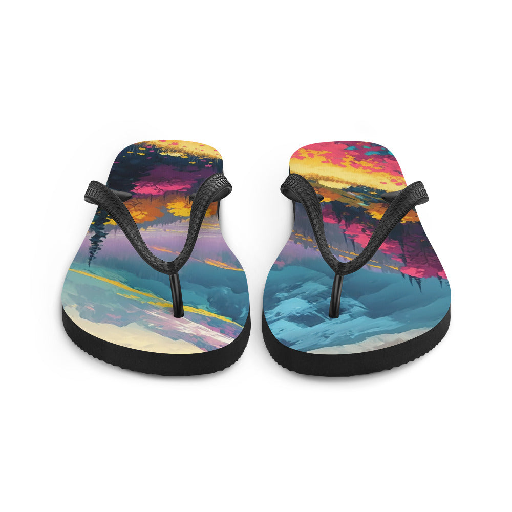 Berge, pinke und gelbe Bäume, sowie Blumen - Farbige Malerei - Flip Flops berge xxx