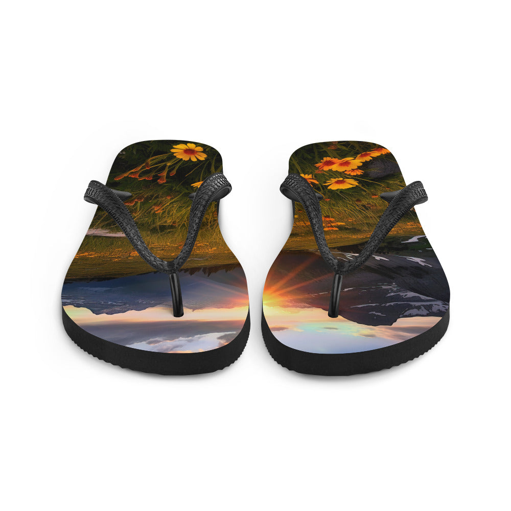 Gebirge, Sonnenblumen und Sonnenaufgang - Flip Flops berge xxx