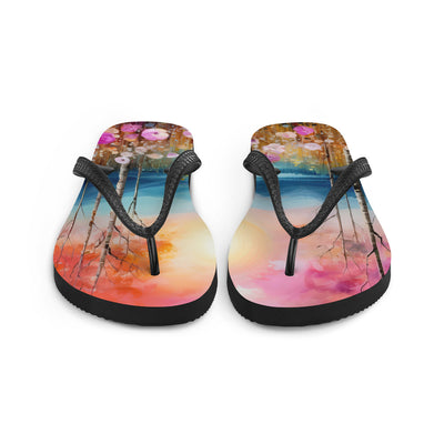 Berge, See, pinke Bäume und Blumen - Malerei - Flip Flops berge xxx