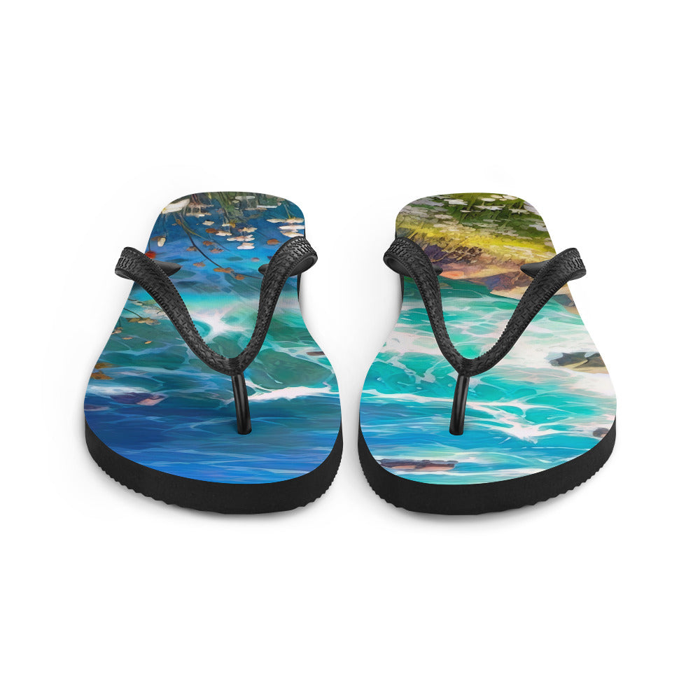 Berge, Blumen, Fluss und Steine - Malerei - Flip Flops camping xxx