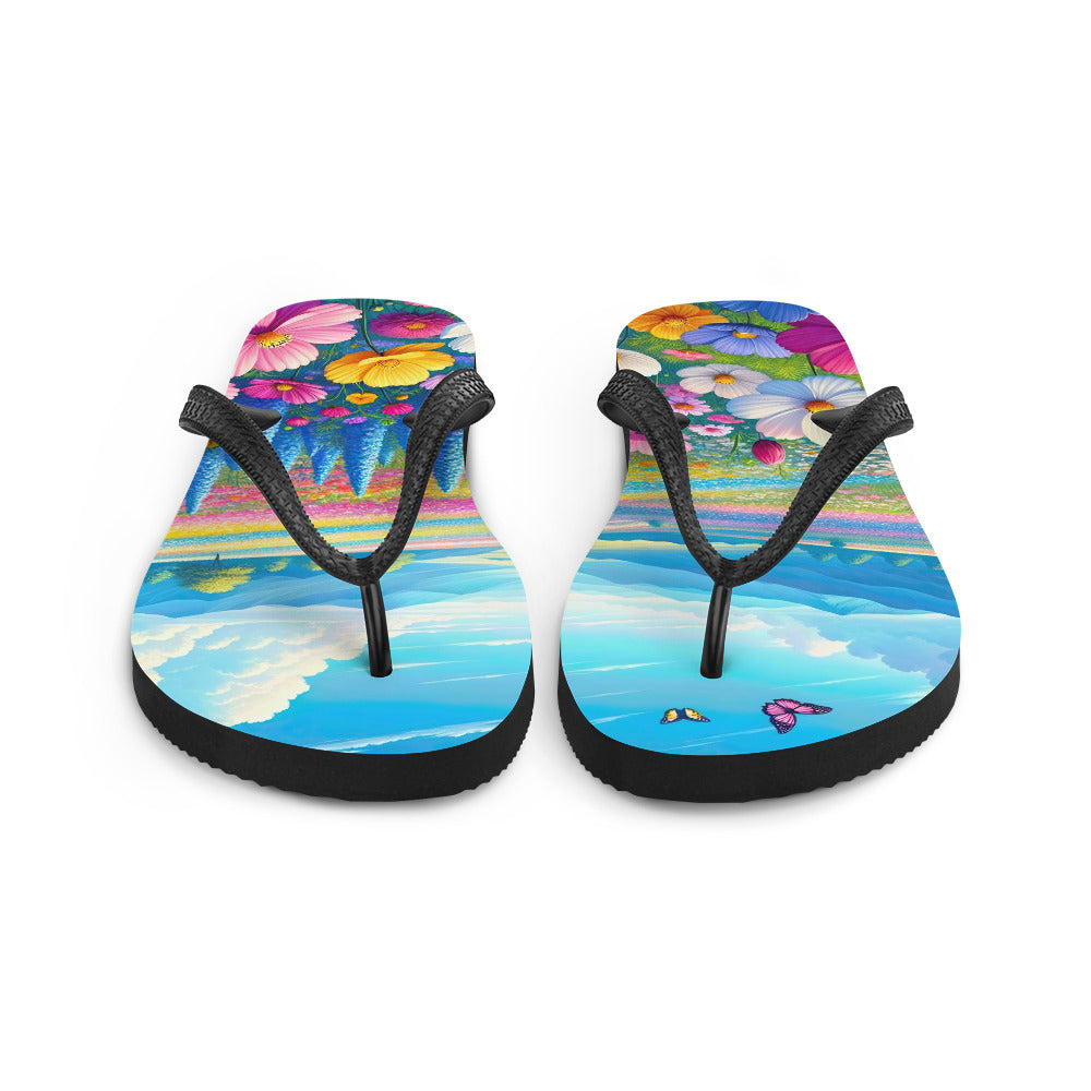 Weitläufiges Blumenfeld unter himmelblauem Himmel, leuchtende Flora - Flip Flops camping xxx yyy zzz