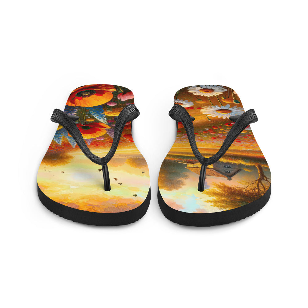 Ölgemälde eines Blumenfeldes im Sonnenuntergang, leuchtende Farbpalette - Flip Flops camping xxx yyy zzz