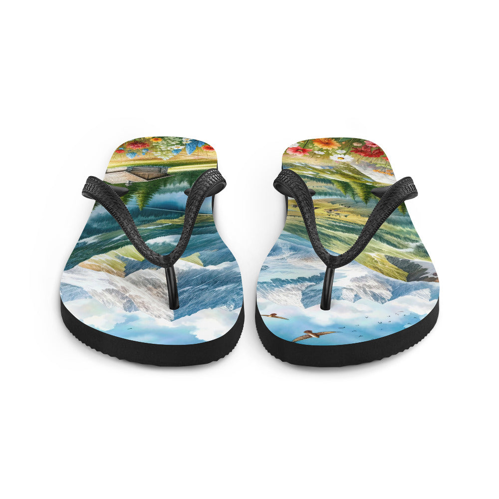 Quadratisches Aquarell der Alpen, Berge mit schneebedeckten Spitzen - Flip Flops berge xxx yyy zzz