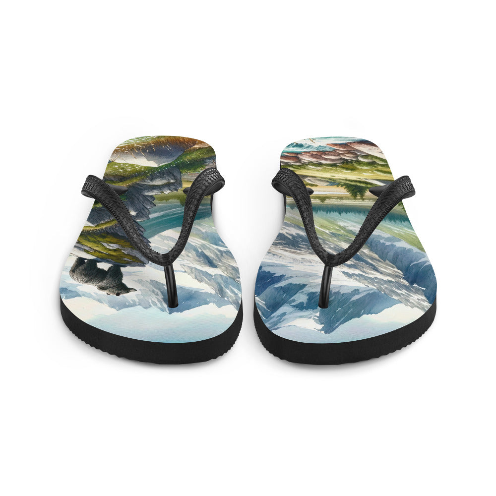 Aquarellmalerei eines Bären und der sommerlichen Alpenschönheit mit schneebedeckten Ketten - Flip Flops camping xxx yyy zzz