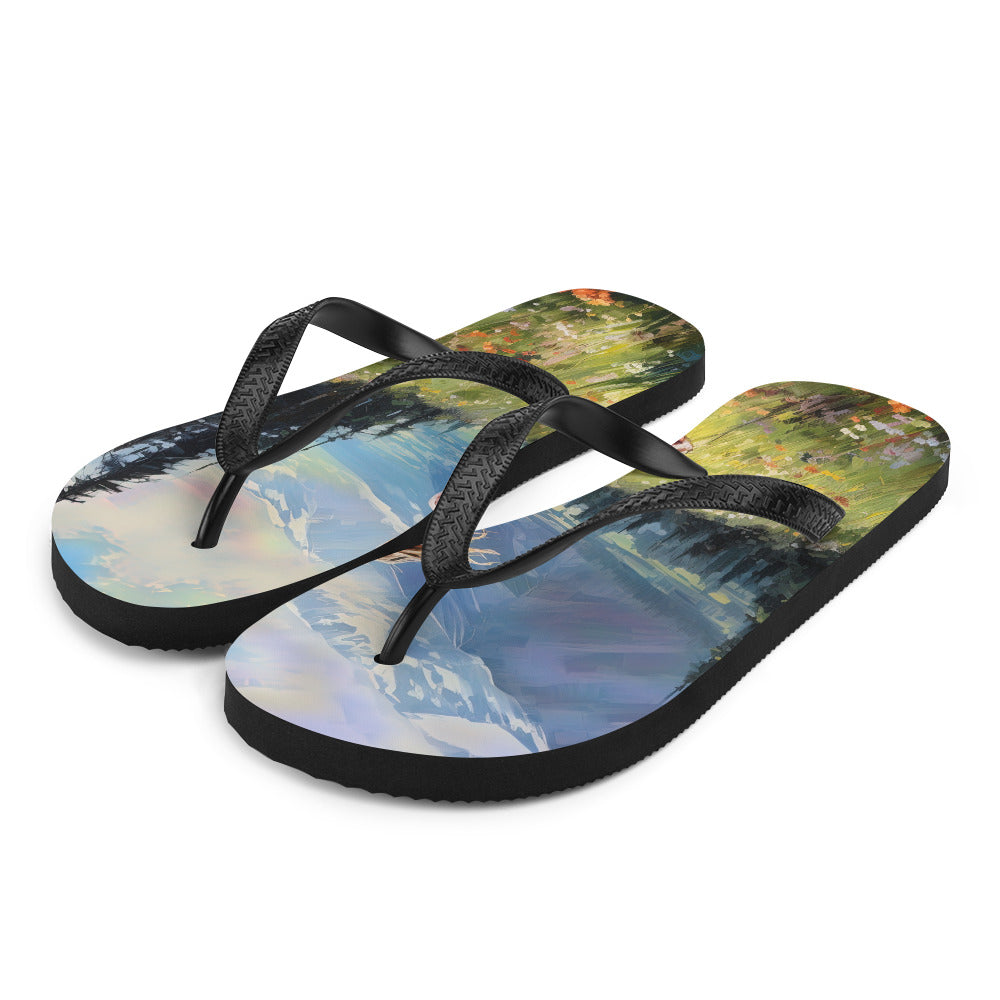 Frau mit langen Kleid im Feld mit Blumen - Berge im Hintergrund - Malerei - Flip Flops berge xxx L