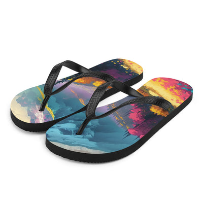 Berge, pinke und gelbe Bäume, sowie Blumen - Farbige Malerei - Flip Flops berge xxx L