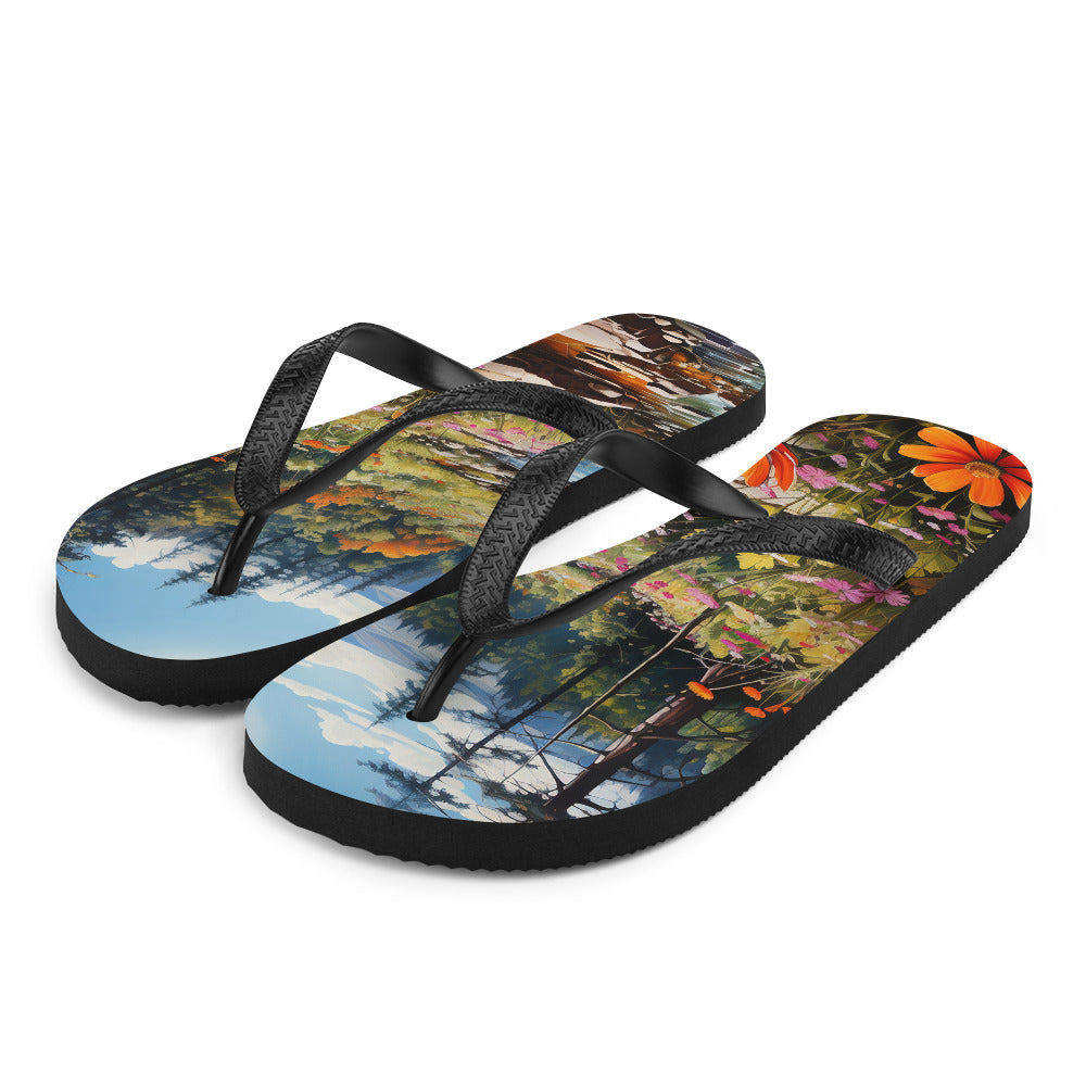 Berge, schöne Blumen und Bach im Wald - Flip Flops berge xxx L