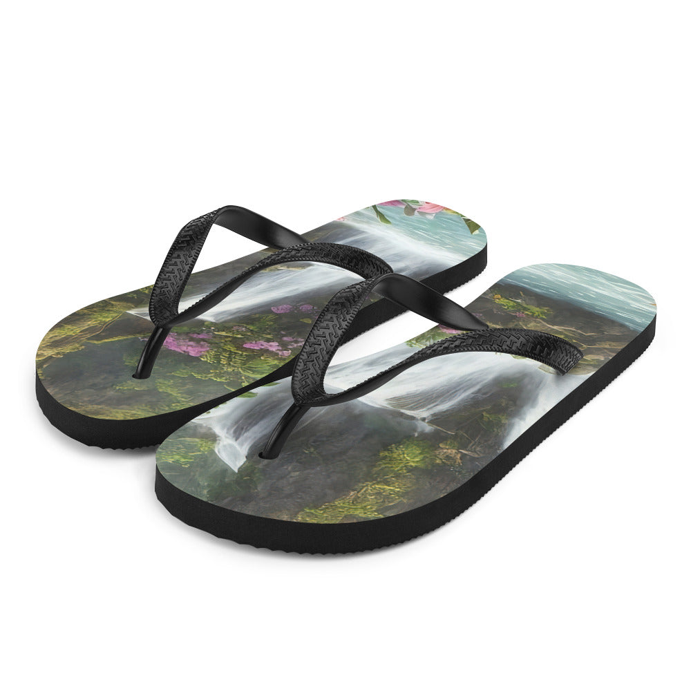 Wasserfall im Wald und Blumen - Schöne Malerei - Flip Flops camping xxx L