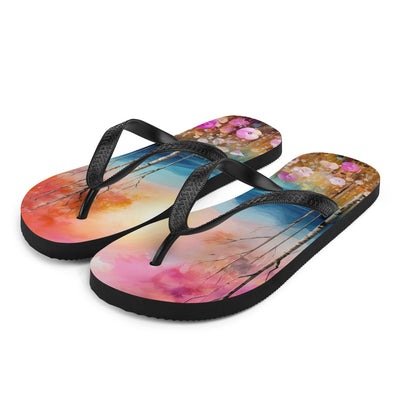 Berge, See, pinke Bäume und Blumen - Malerei - Flip Flops berge xxx L