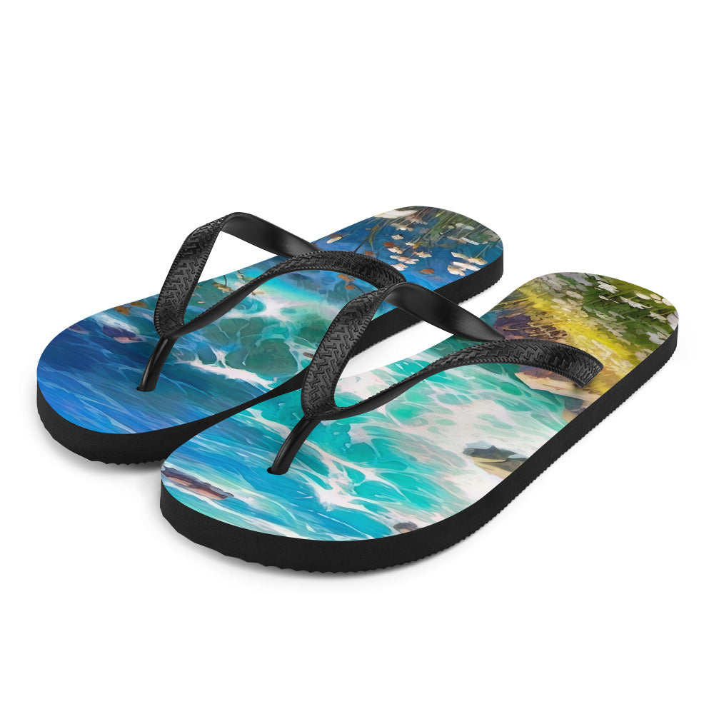 Berge, Blumen, Fluss und Steine - Malerei - Flip Flops camping xxx L