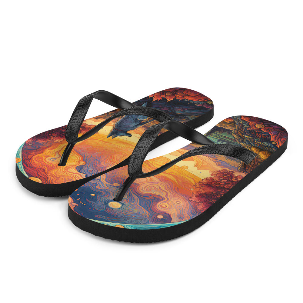 Hund auf Felsen - Epische bunte Landschaft - Malerei - Flip Flops camping xxx L