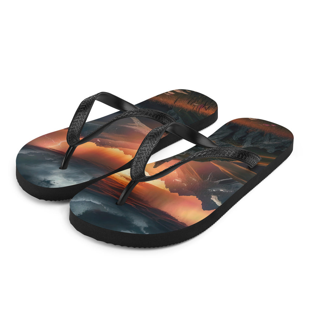 Foto einer Alpenburg bei stürmischem Sonnenuntergang, dramatische Wolken und Sonnenstrahlen - Flip Flops berge xxx yyy zzz L