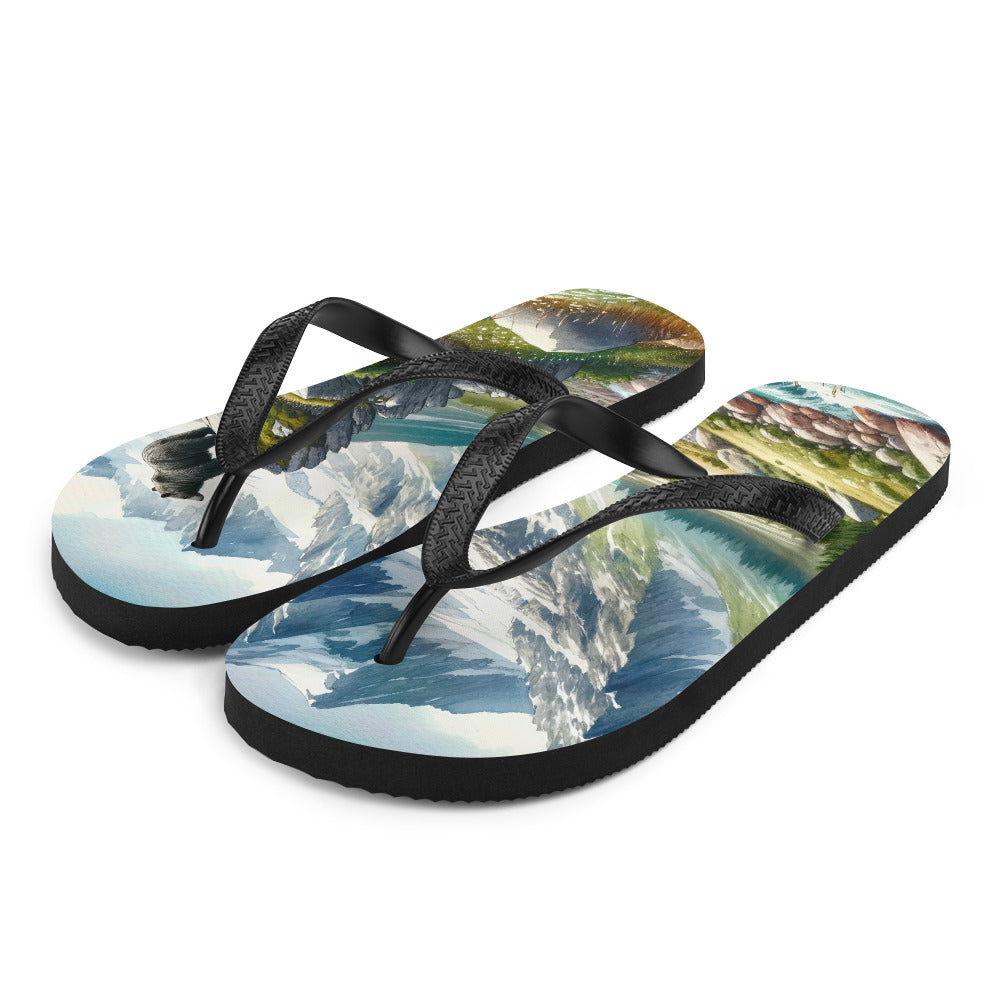 Aquarellmalerei eines Bären und der sommerlichen Alpenschönheit mit schneebedeckten Ketten - Flip Flops camping xxx yyy zzz L