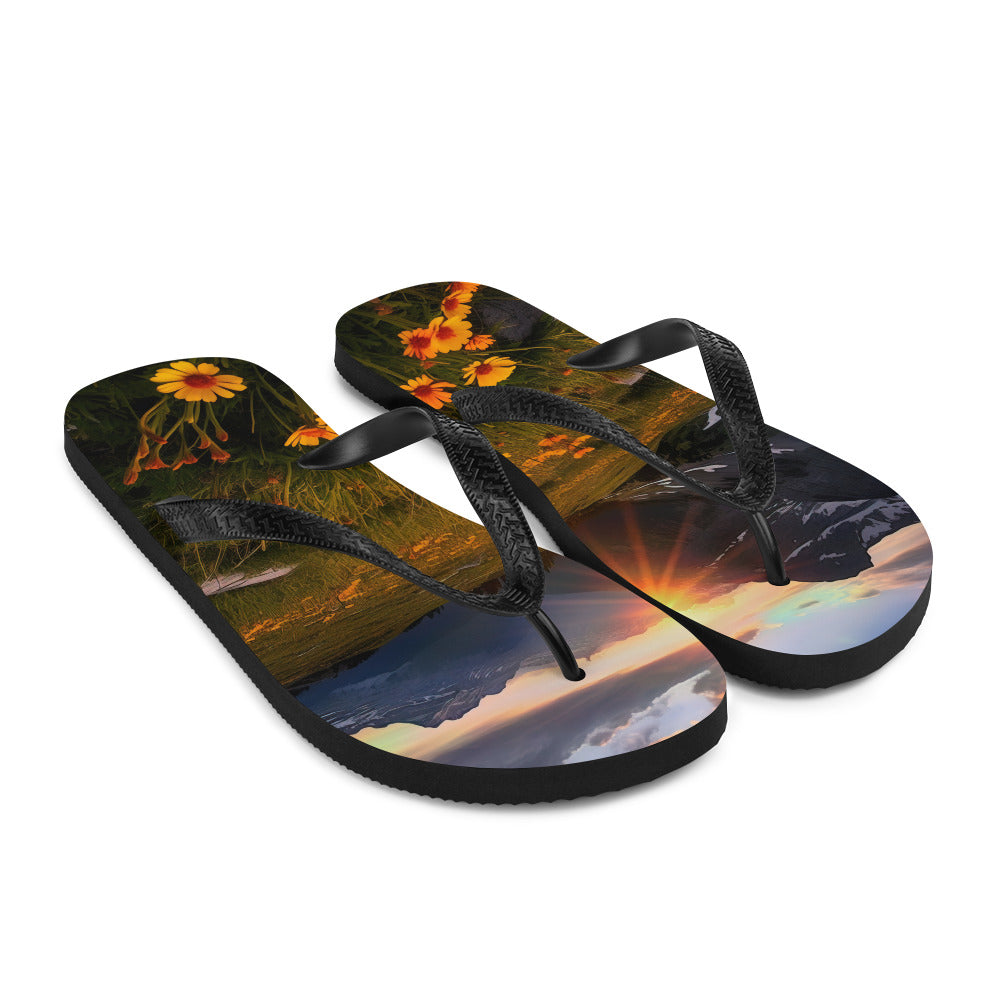 Gebirge, Sonnenblumen und Sonnenaufgang - Flip Flops berge xxx