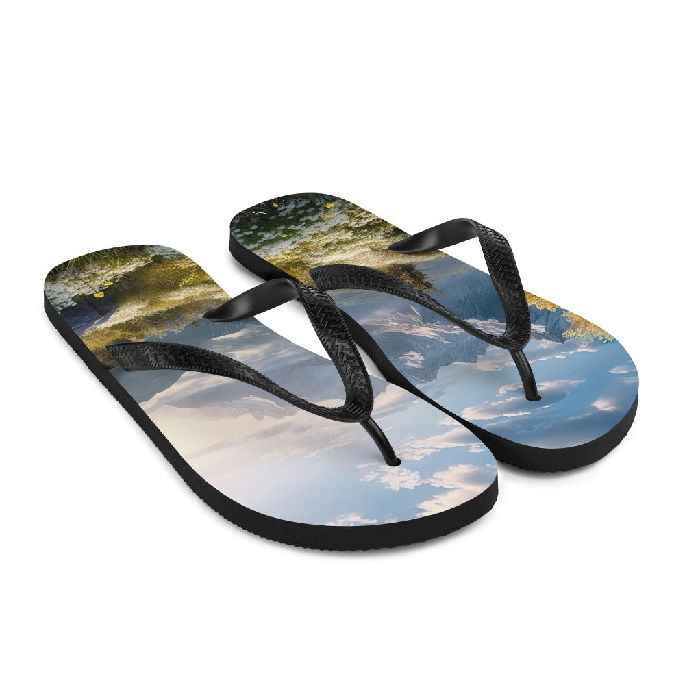 Berglandschaft mit Sonnenschein, Blumen und Bäumen - Malerei - Flip Flops berge xxx