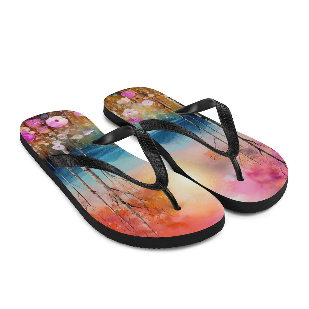 Berge, See, pinke Bäume und Blumen - Malerei - Flip Flops berge xxx