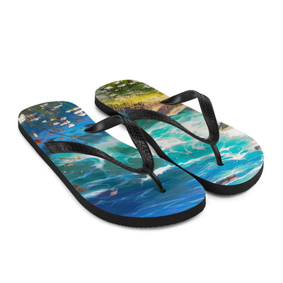 Berge, Blumen, Fluss und Steine - Malerei - Flip Flops camping xxx