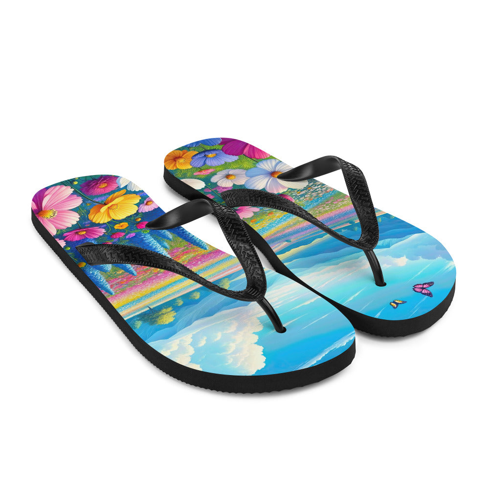 Weitläufiges Blumenfeld unter himmelblauem Himmel, leuchtende Flora - Flip Flops camping xxx yyy zzz