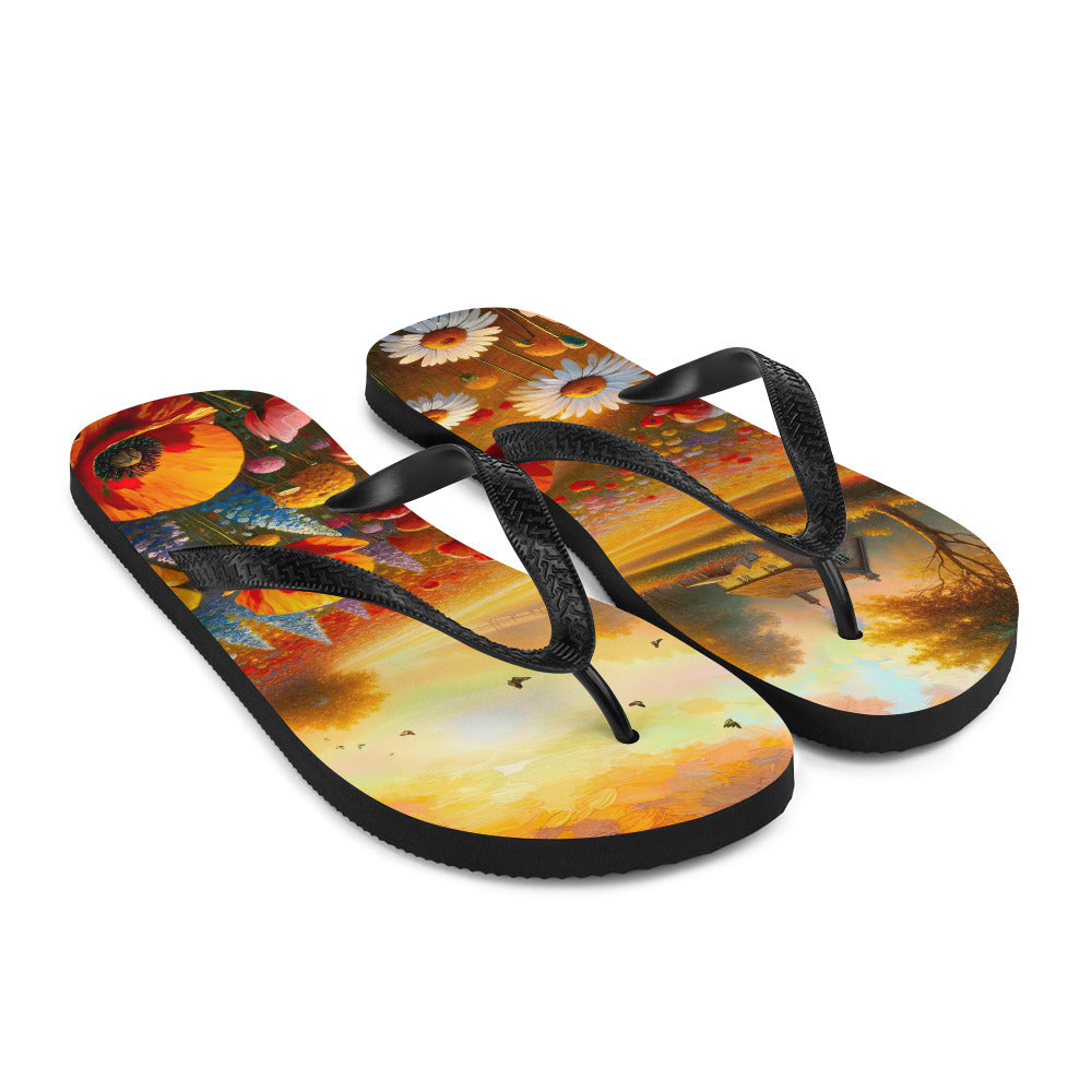 Ölgemälde eines Blumenfeldes im Sonnenuntergang, leuchtende Farbpalette - Flip Flops camping xxx yyy zzz