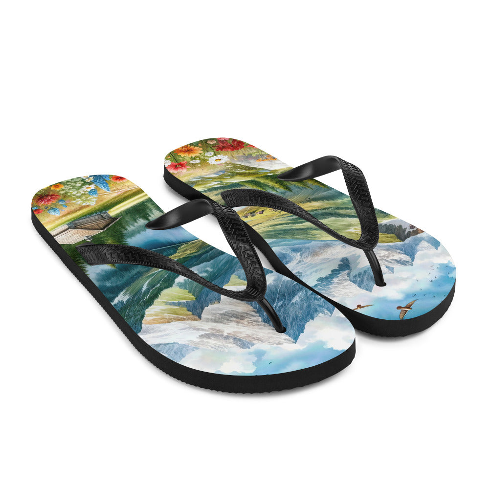 Quadratisches Aquarell der Alpen, Berge mit schneebedeckten Spitzen - Flip Flops berge xxx yyy zzz