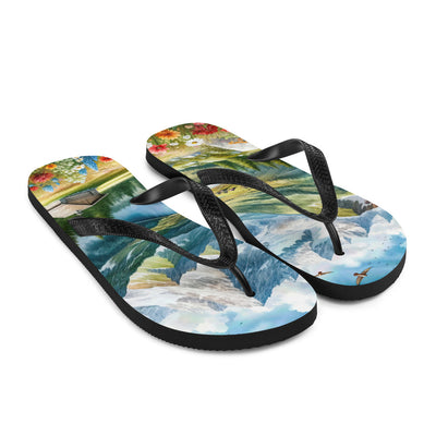 Quadratisches Aquarell der Alpen, Berge mit schneebedeckten Spitzen - Flip Flops berge xxx yyy zzz