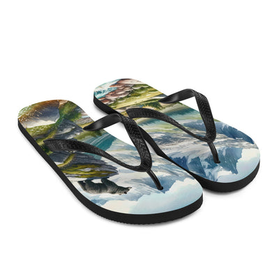 Aquarellmalerei eines Bären und der sommerlichen Alpenschönheit mit schneebedeckten Ketten - Flip Flops camping xxx yyy zzz