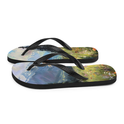 Frau mit langen Kleid im Feld mit Blumen - Berge im Hintergrund - Malerei - Flip Flops berge xxx