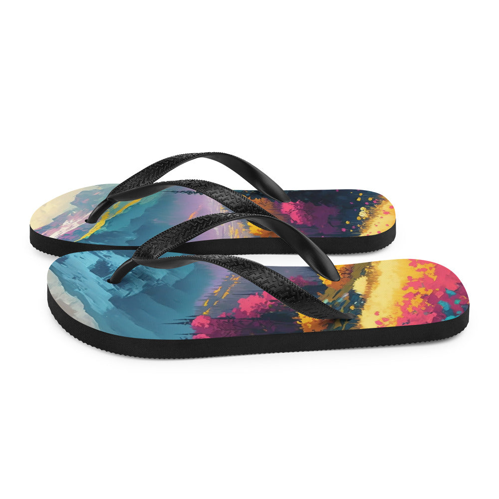 Berge, pinke und gelbe Bäume, sowie Blumen - Farbige Malerei - Flip Flops berge xxx